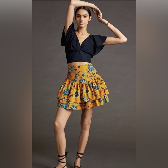 Anthropologie Dresses & Skirts - Anthropologie Maeve Tiered Ruffle Skirt Floral Yellow Sz M cotton